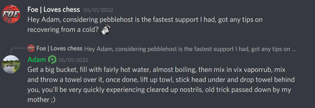 Adam, a staff member, saying his method for recovering from a cold