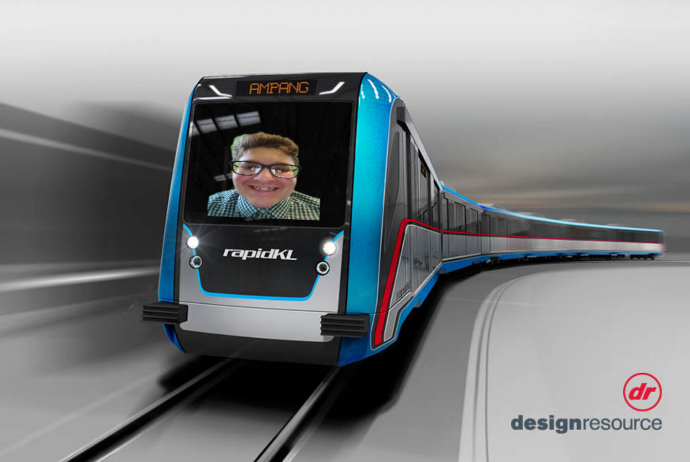 A picture of Alex photoshopped onto a train